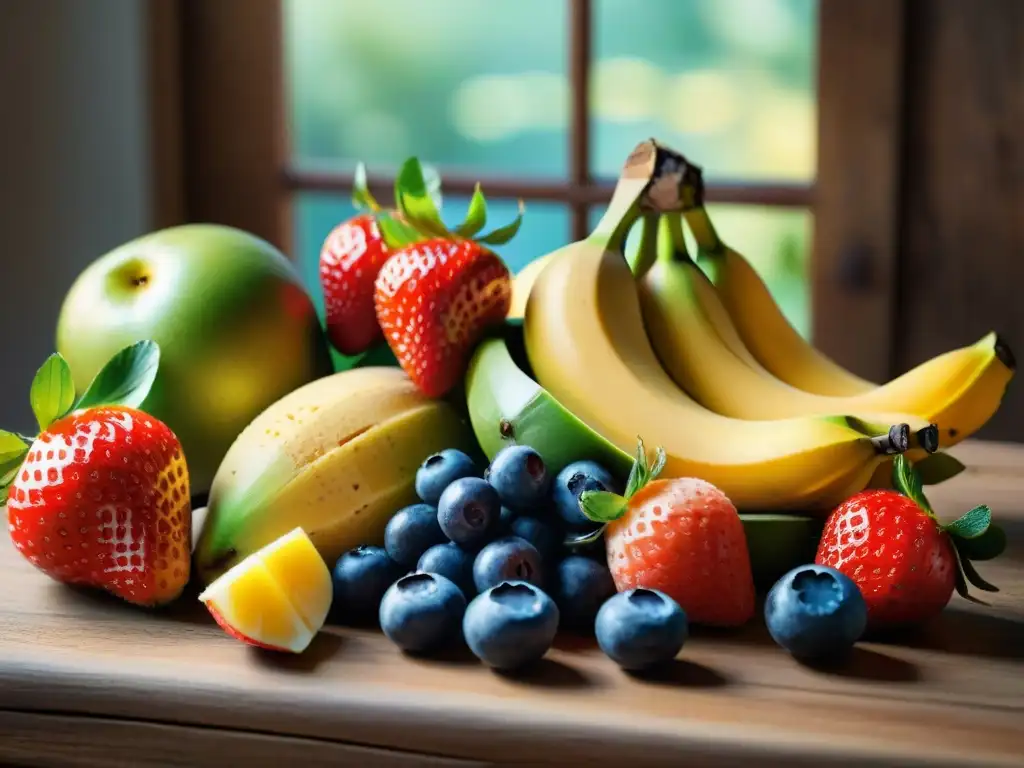 Deliciosa variedad de frutas frescas sobre mesa de madera, listas para batidos sin gluten y lácteos