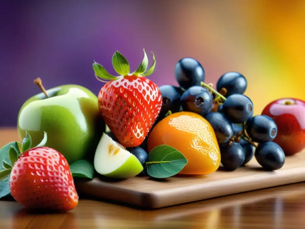 Una deliciosa variedad de frutas y verduras frescas, vibrantes y jugosas, goteando agua en un tablero de madera, en una cocina soleada