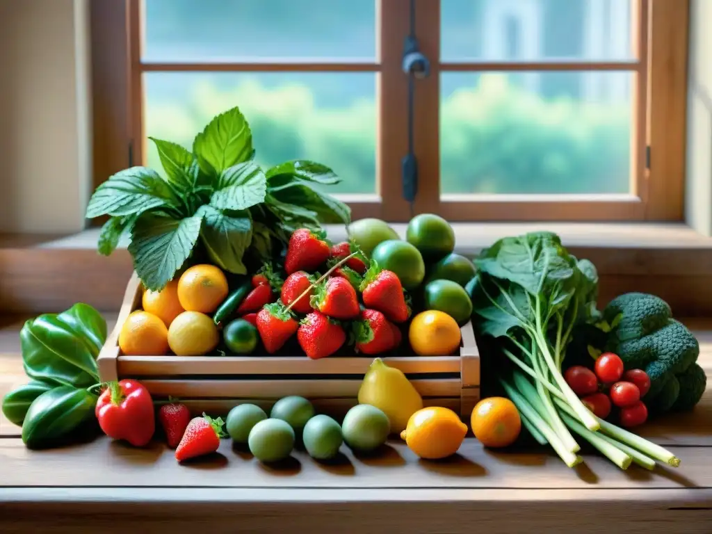 Una deliciosa variedad de frutas y verduras frescas en una mesa de madera rústica