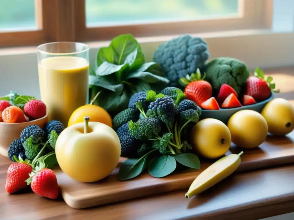 Deliciosa variedad de frutas y verduras frescas en un tablero de madera, listas para batidos de proteínas sin gluten