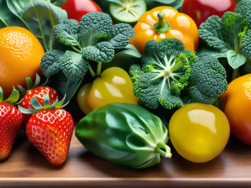 Una deliciosa variedad de frutas y verduras coloridas, ricas en vitaminas, sobre tabla de madera, resaltando beneficios nutricionales sin gluten