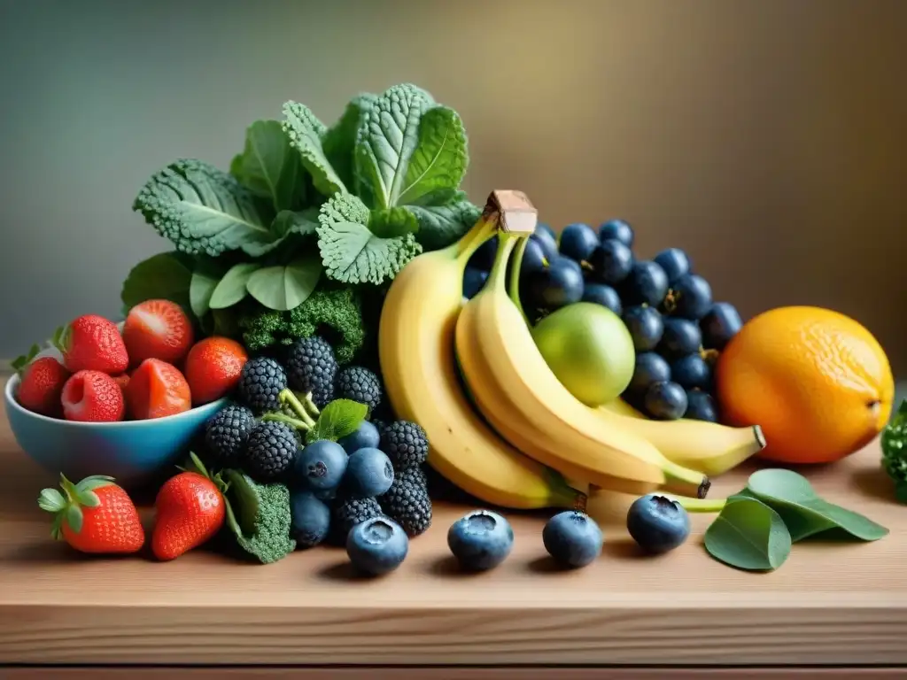 Deliciosa variedad de frutas y verduras sin gluten en una mesa de madera