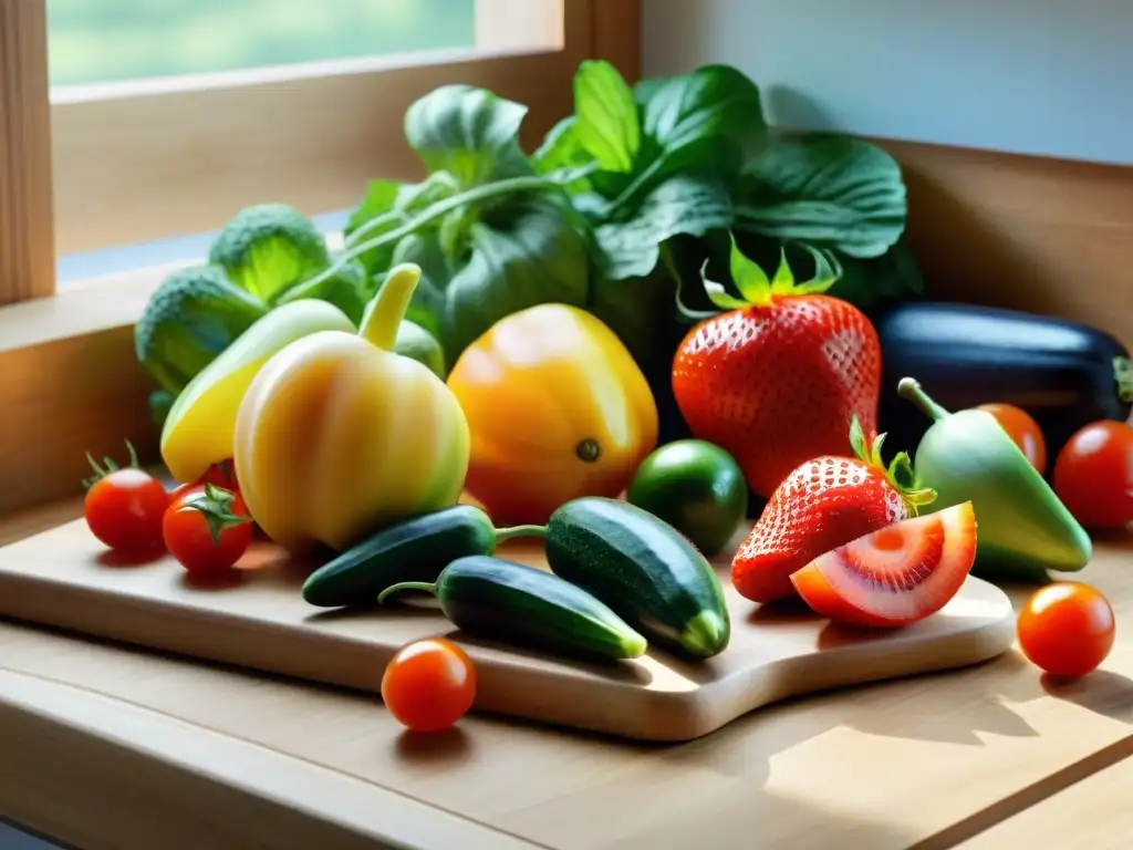 Deliciosa variedad de frutas y verduras frescas en una tabla de cortar de madera, iluminadas por la luz natural