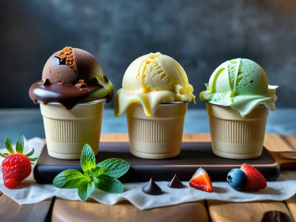 Una deliciosa variedad de helados veganos sin gluten caseros, presentados en una mesa rústica con frutas frescas y salsa de chocolate