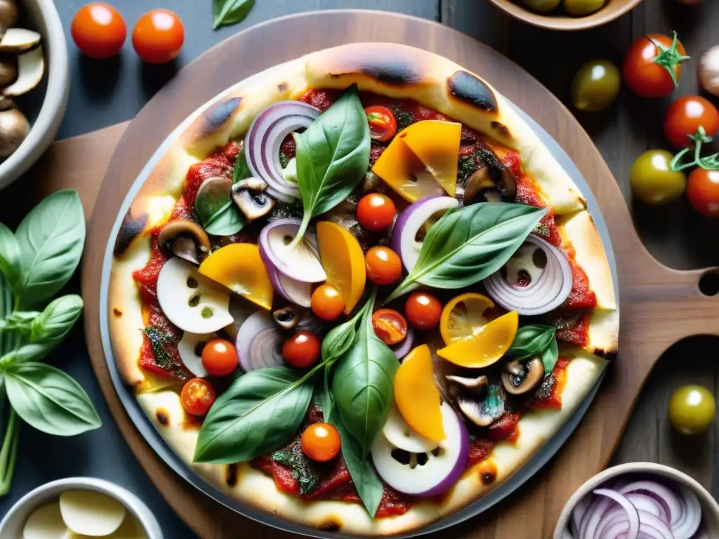 Una deliciosa variedad de ingredientes para pizza sin gluten sobre una mesa rústica