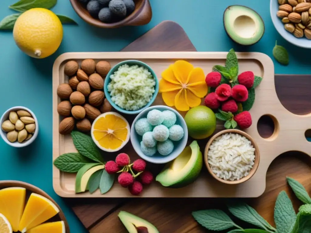 Deliciosa variedad de meriendas sin gluten para niños en tabla de madera con frutas, semillas y energéticas bolas caseras