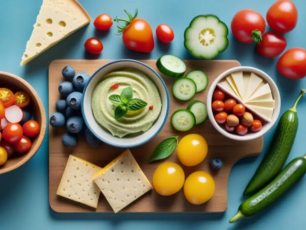 Deliciosa variedad de meriendas sin gluten para padres en tabla de madera con frutas, crackers, nueces, hummus y vegetales frescos