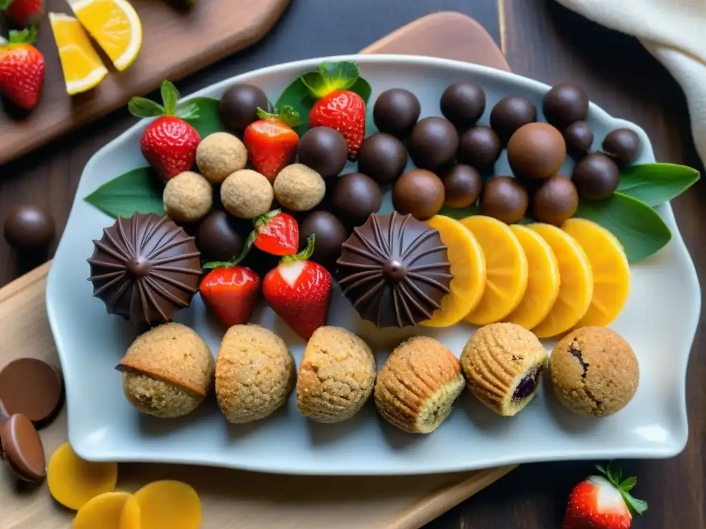 Deliciosa variedad de meriendas saludables sin gluten: frutas, fresas con chocolate, galletas de almendra y energéticas bolitas de mantequilla de frutos secos en una presentación artística sobre tabla rústica