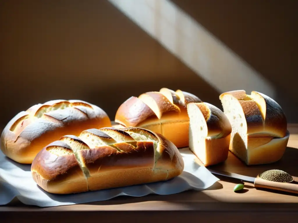 Deliciosa variedad de pan sin gluten recién horneado en una mesa rústica, con semillas artesanales