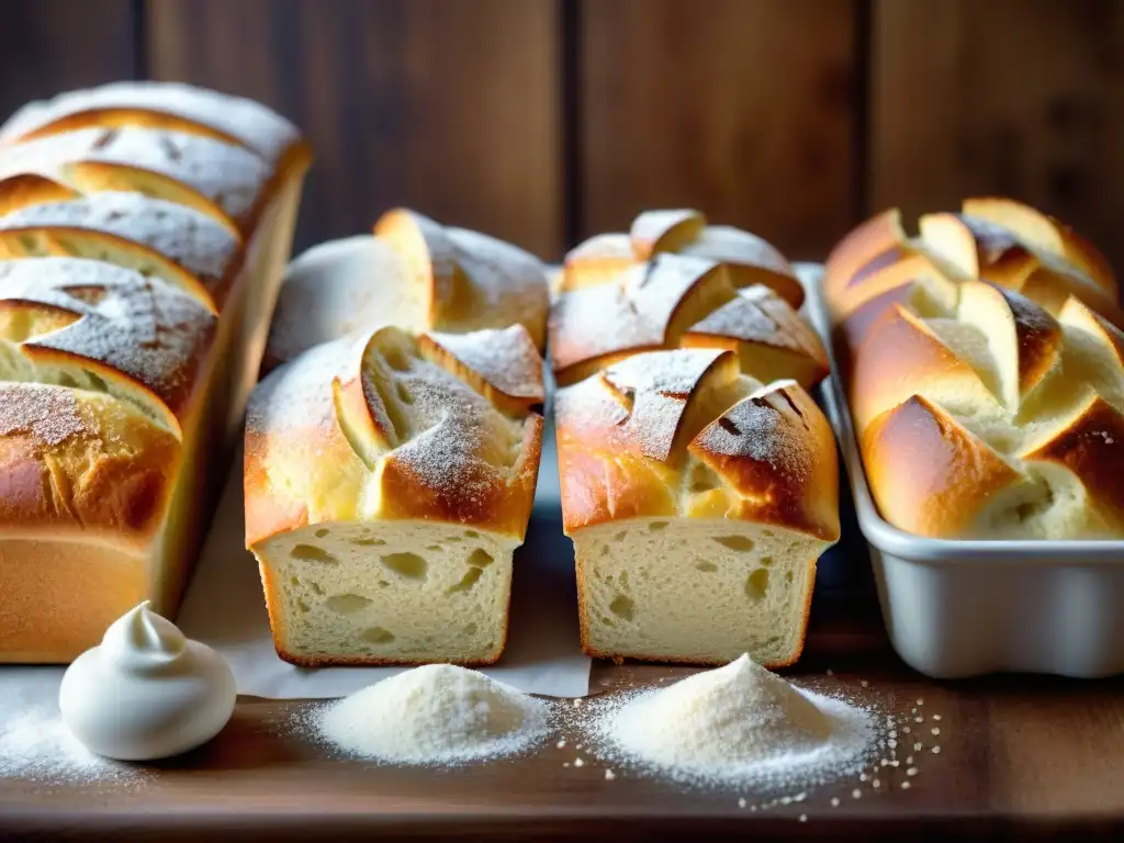 Deliciosa variedad de pan y pasteles sin gluten en una mesa rústica, perfectos para recetas de panadería sin gluten