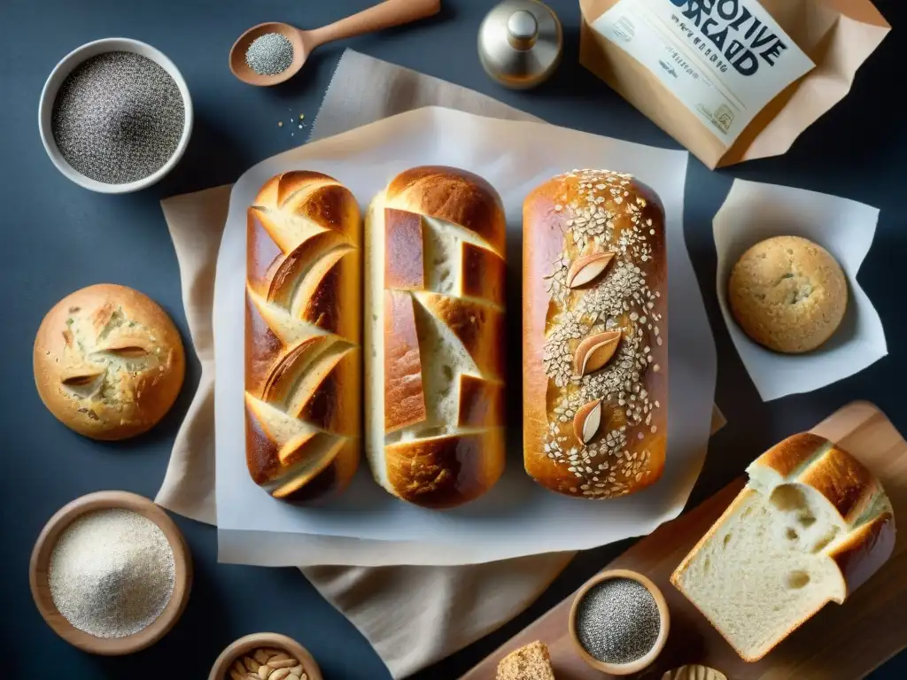 Deliciosa variedad de panes sin gluten en una mesa rústica con ingredientes como harina de almendra y semillas de chía