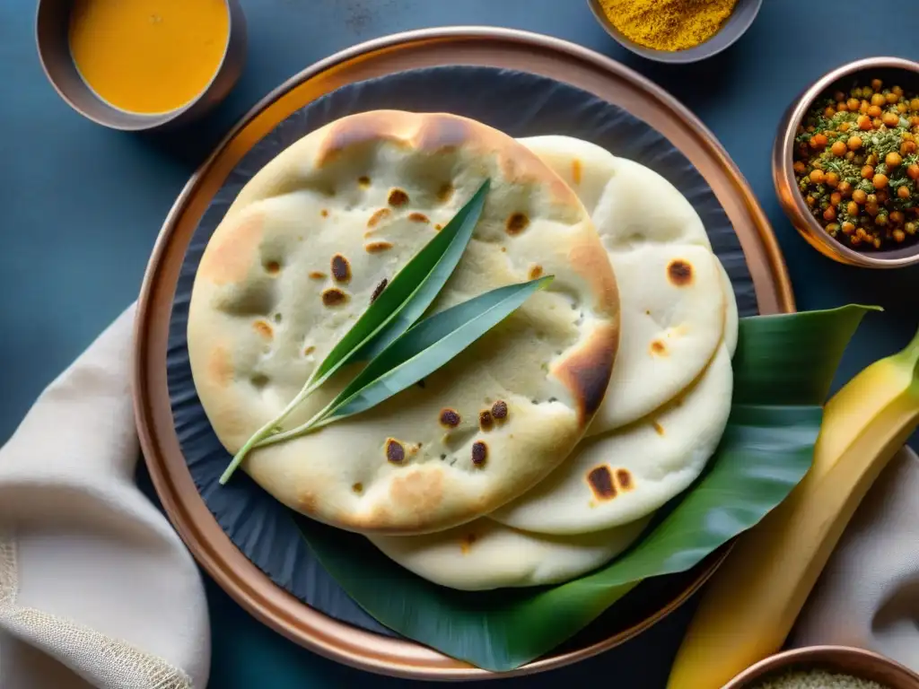 Una deliciosa variedad de panes hindúes sin gluten recién horneados en plato de cobre, con especias indias