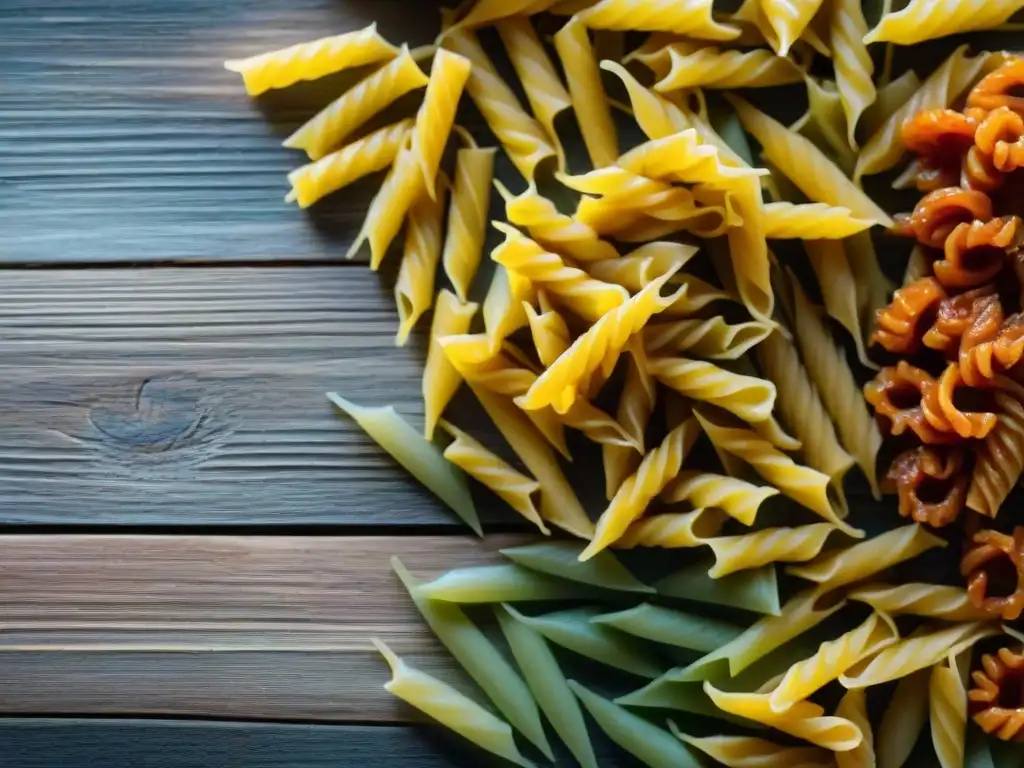 Una deliciosa variedad de pasta sin gluten: fusilli, penne y espaguetis, colores vibrantes en una mesa de madera rústica