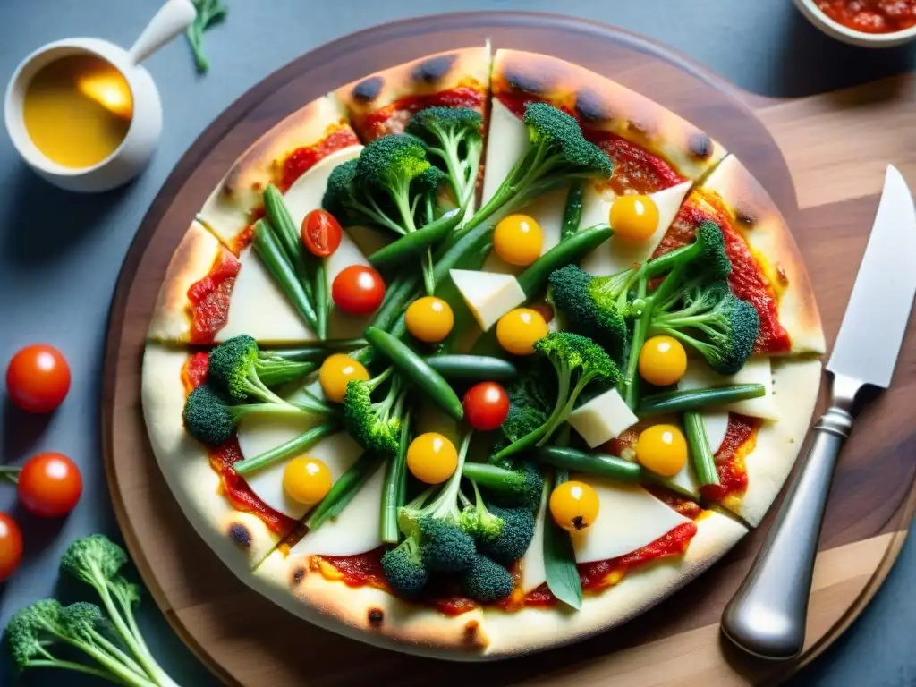 Deliciosa variedad de pizzas sin gluten para niños, con ingredientes coloridos y apetitosos en tabla de madera