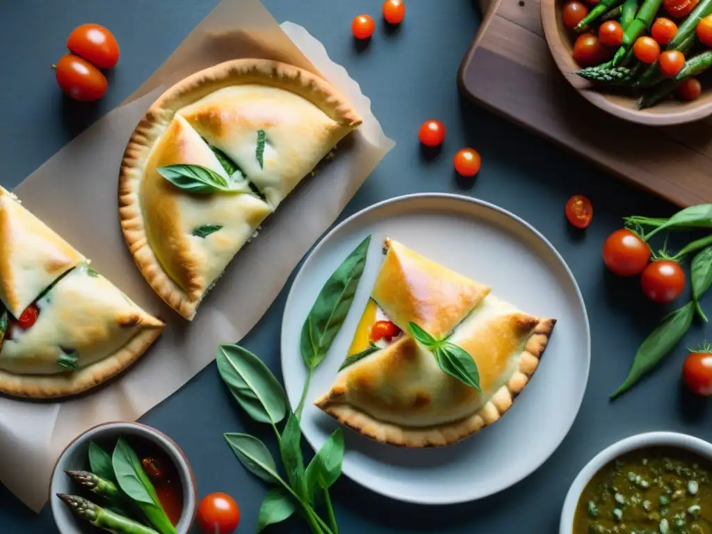 Deliciosa variedad de pizzas sin gluten y empanadas sobre mesa rústica en primavera