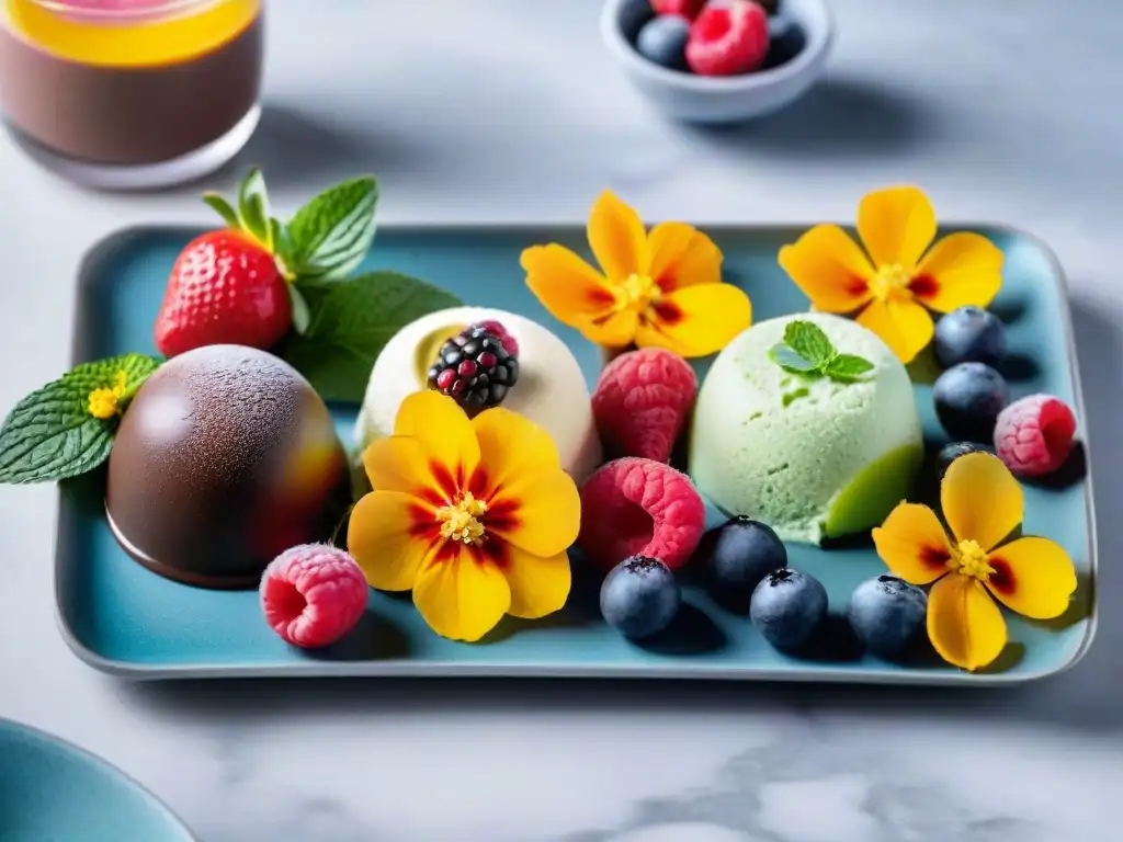 Una deliciosa variedad de postres fríos sin gluten innovadores en un elegante plato de mármol, decorados con frutas frescas y flores comestibles en un jardín soleado