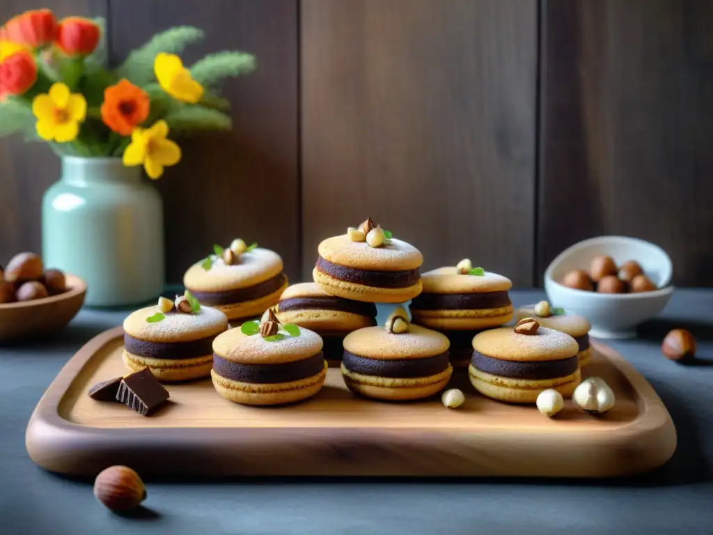 Deliciosa variedad de postres sin gluten con avellanas, exquisitamente presentados en una cocina rústica