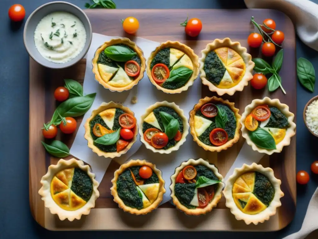 Una deliciosa variedad de mini quiches sin gluten con rellenos innovadores en un escenario rústico y colorido