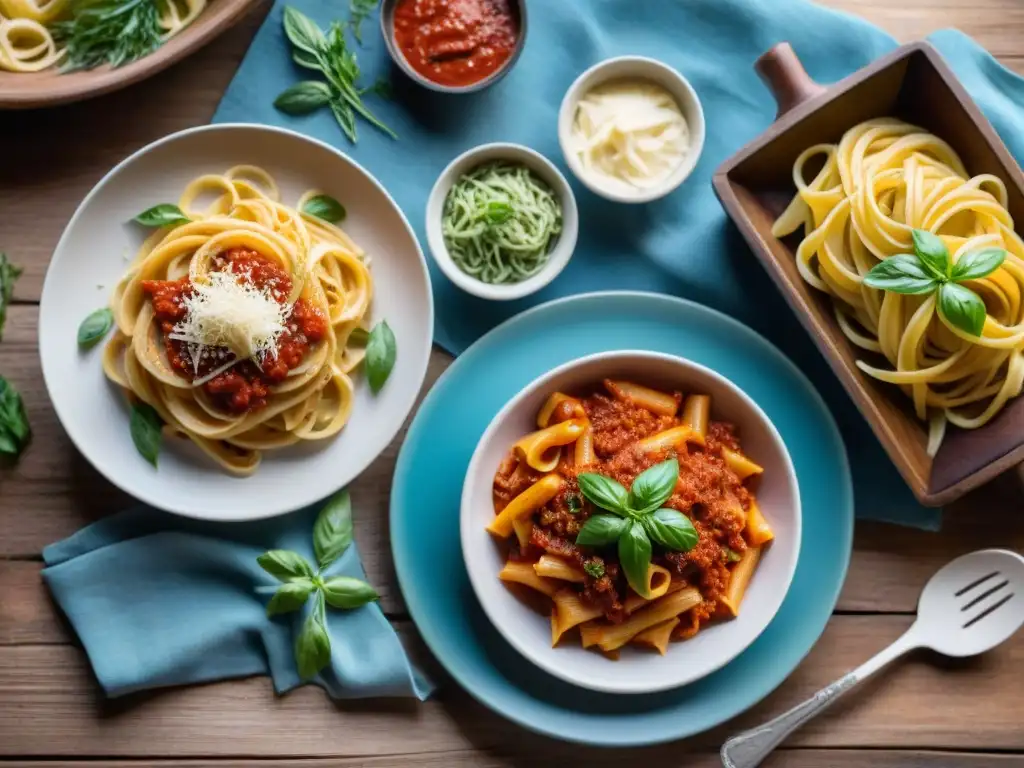 Una deliciosa variedad de recetas de pastas sin gluten, con platos coloridos y sabrosos en una mesa rústica