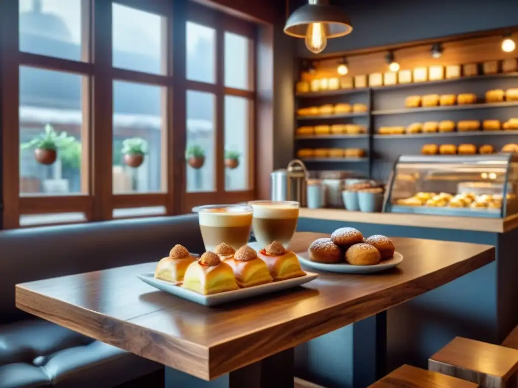 Deliciosa variedad de repostería sin gluten y café fresco en una acogedora cafetería moderna