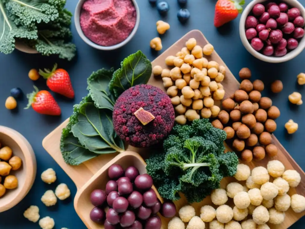 Una deliciosa variedad de snacks sin gluten saludables en una tabla de madera, con kale chips, hummus de remolacha, bolitas de quinoa y frutas frescas