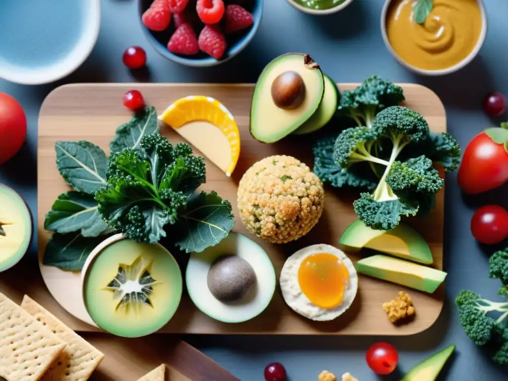 Una deliciosa variedad de Snacks sin gluten saludables en una tabla de madera, con colores vibrantes y texturas apetitosas