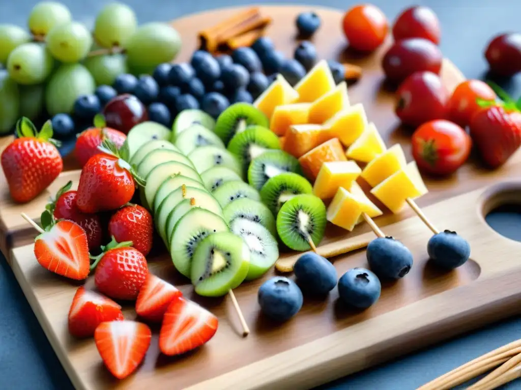 Deliciosa variedad de snacks sin gluten para niños en tabla de madera con frutas, pretzels y queso bajo la luz del sol