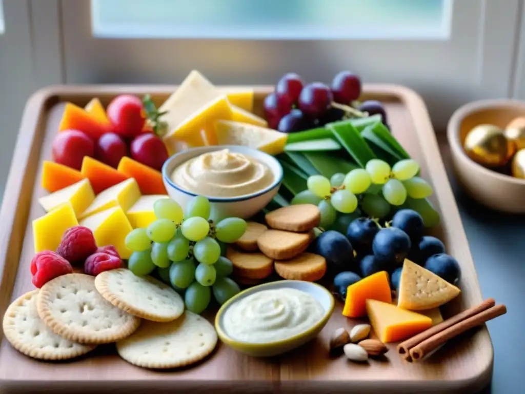 Deliciosa variedad de snacks rápidos sin gluten creativos en tabla de madera, con vegetales, frutas, hummus y nueces en cocina acogedora