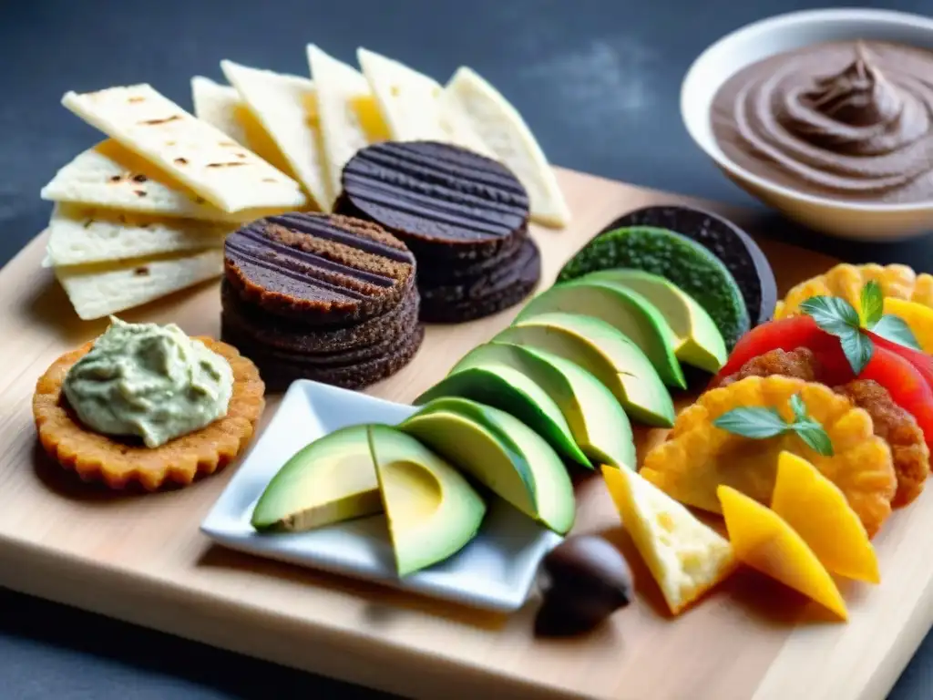 Deliciosa variedad de snacks saludables sin gluten: vegetales, arroz con aguacate, chocolate y hummus en tabla de madera