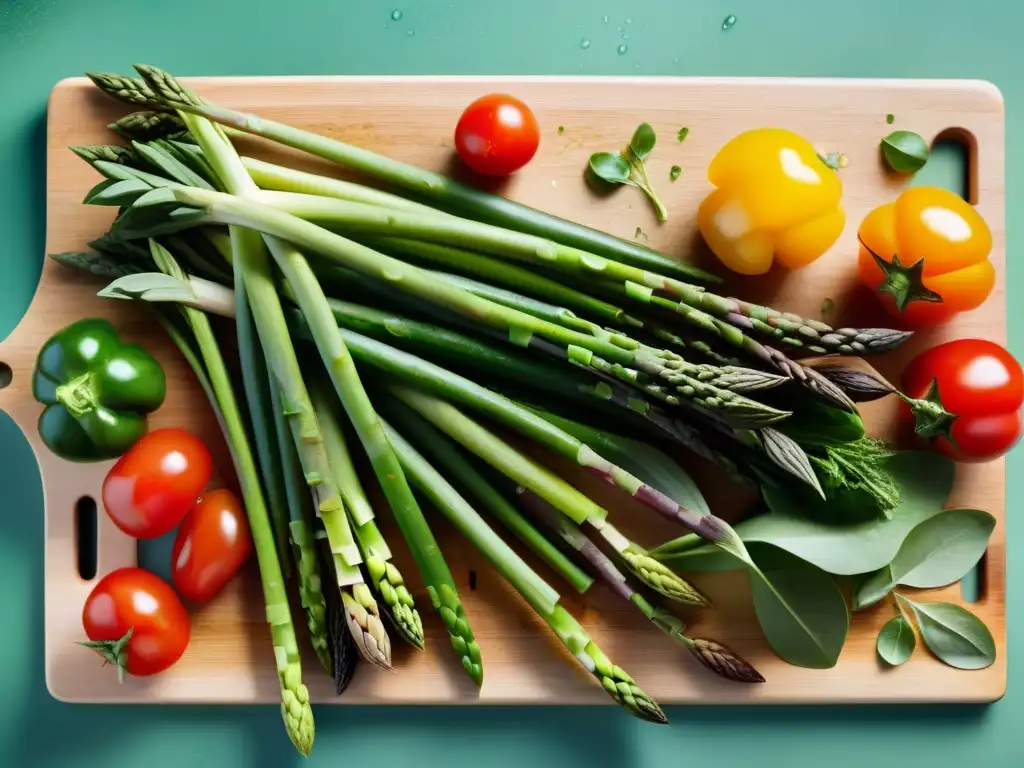 Deliciosa variedad de verduras primaverales sobre tabla de madera, listas para inspirar recetas veganas sin gluten temporada