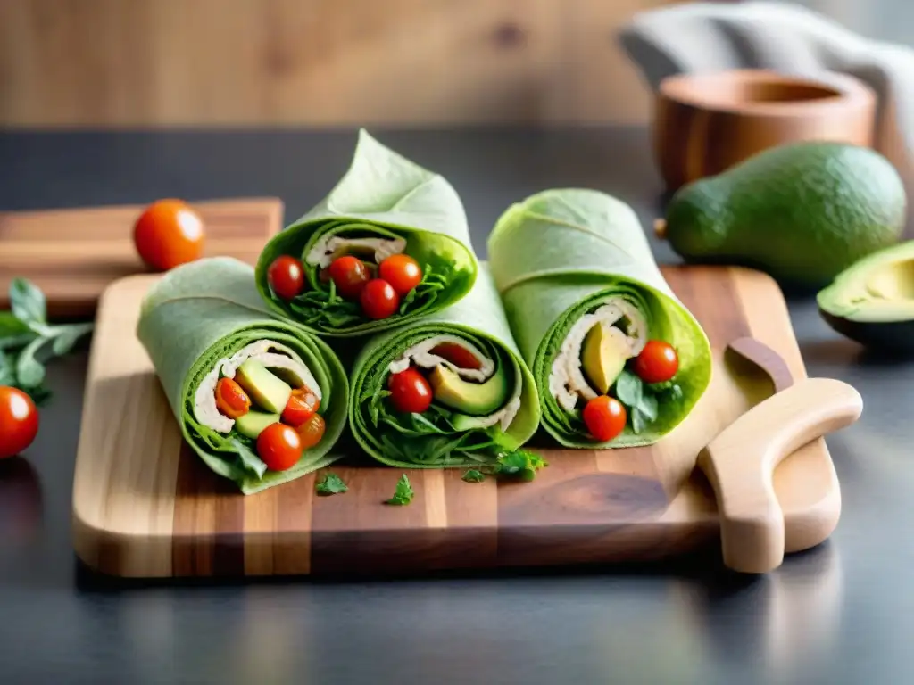 Deliciosa variedad de wraps sin gluten en tabla de madera, resalta frescura y sencillez