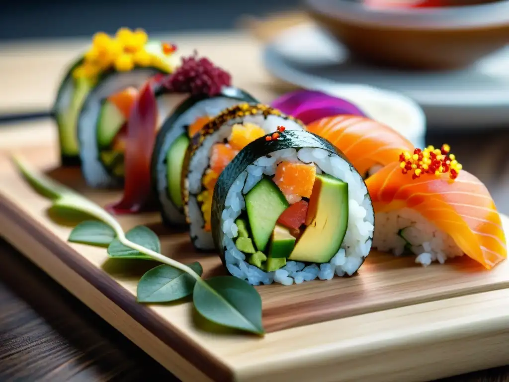 Una deliciosa y vibrante imagen de un rollo de sushi sin gluten con pescado fresco, aguacate y pepino, en una tabla de madera