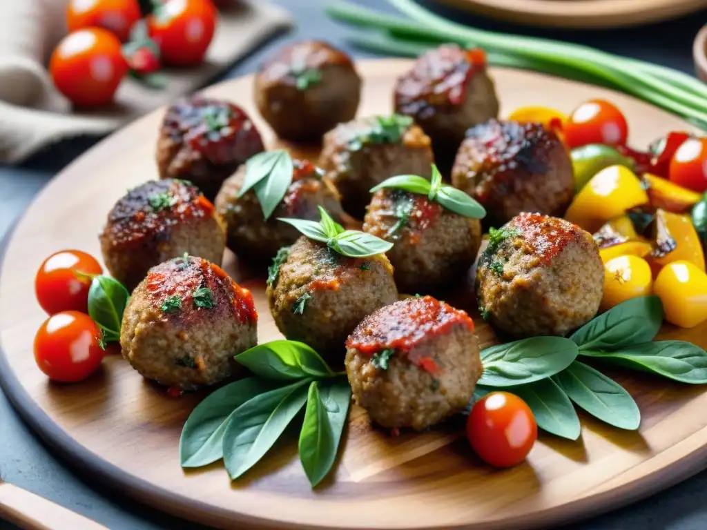 Deliciosas albóndigas sin gluten en un plato rústico de madera, llenas de color y texturas, decoradas con hierbas frescas y verduras vibrantes