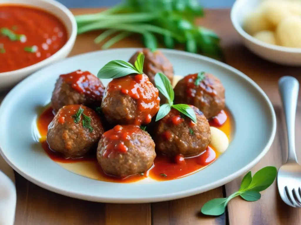 Deliciosas albóndigas sin gluten en un plato hermosamente presentado en una mesa rústica