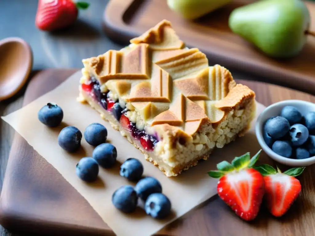 Deliciosas barras de cereal sin gluten con frutas frescas en tabla de madera rústica