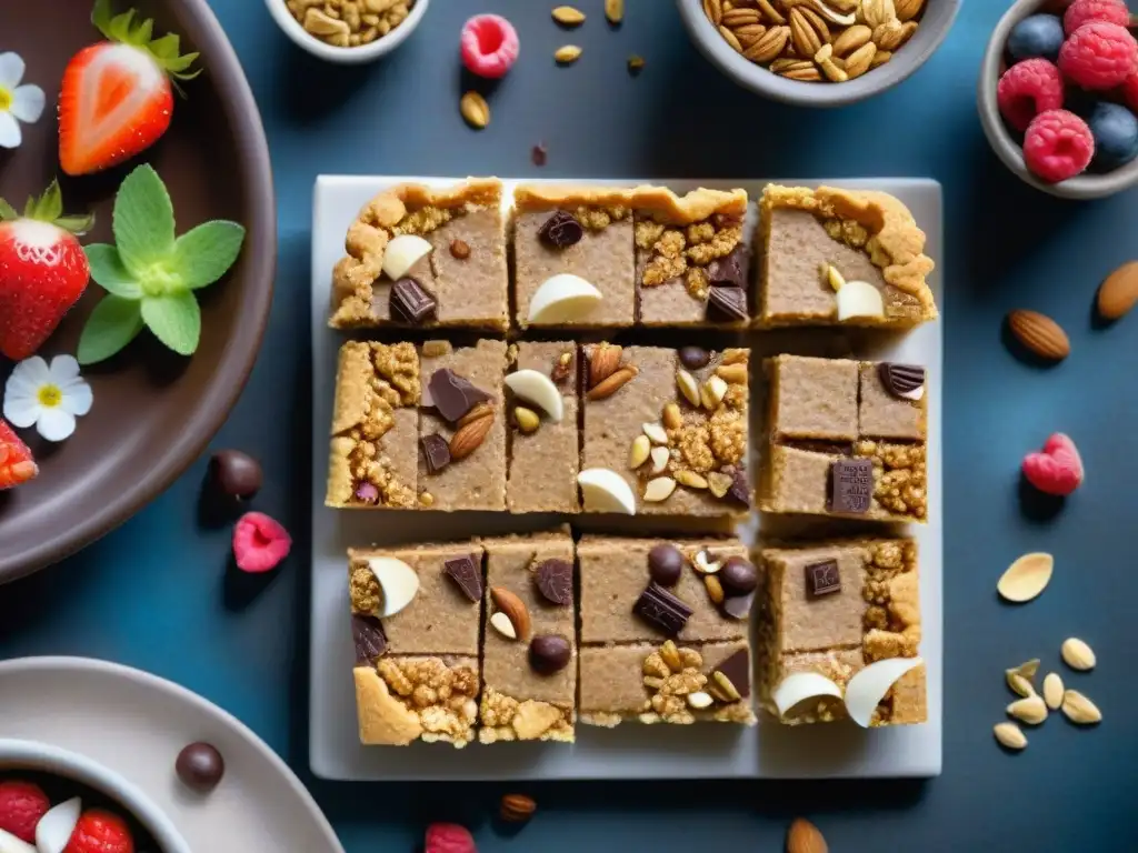 Deliciosas barras de cereal sin gluten decoradas con frutas y flores comestibles en una mesa rústica