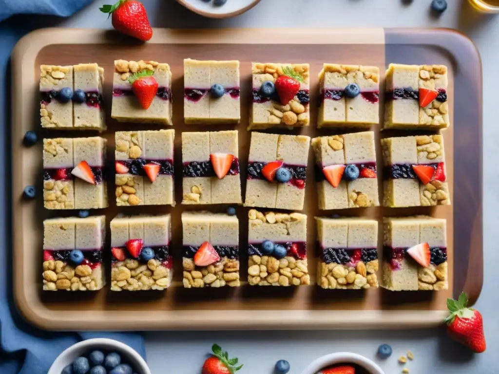 Deliciosas barras de cereal sin gluten caseras, con frutos secos, semillas y chocolate, rodeadas de fresas y arándanos frescos