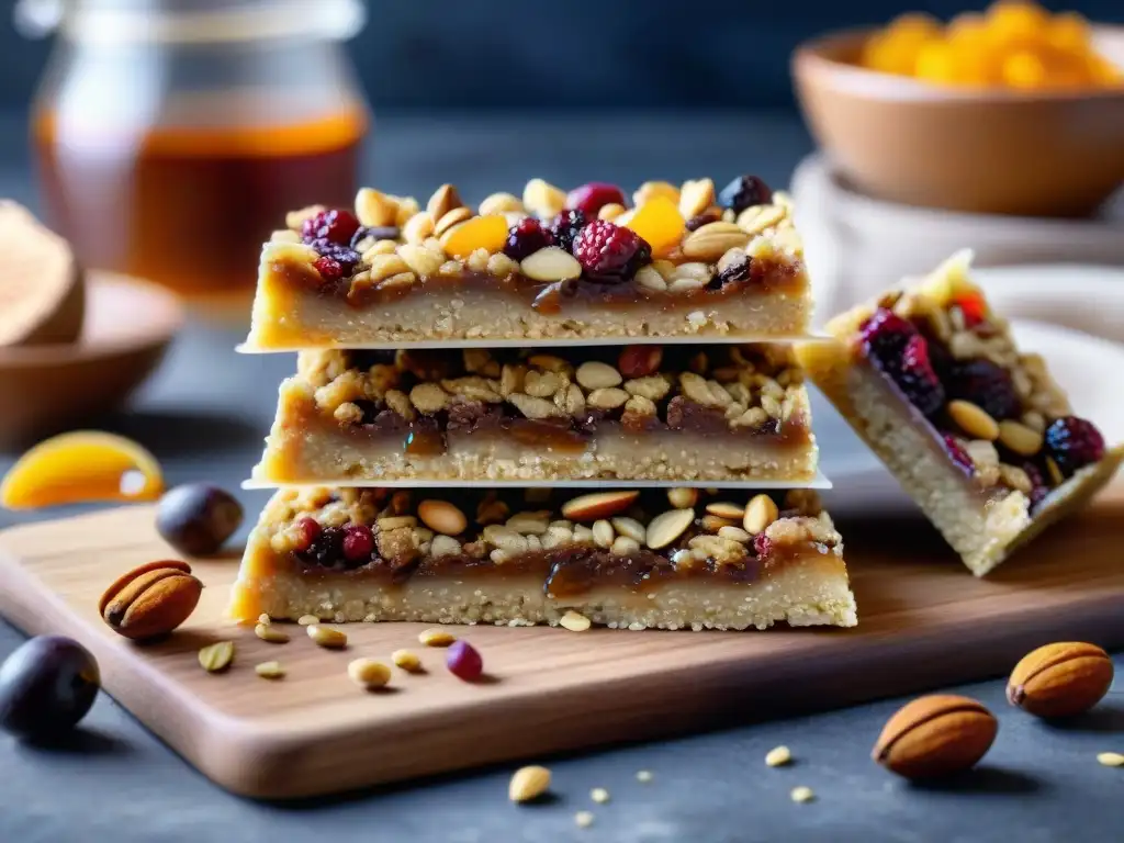 Deliciosas barras energéticas sin gluten caseras, decoradas con frutas secas, nueces y chocolate, sobre tabla rústica