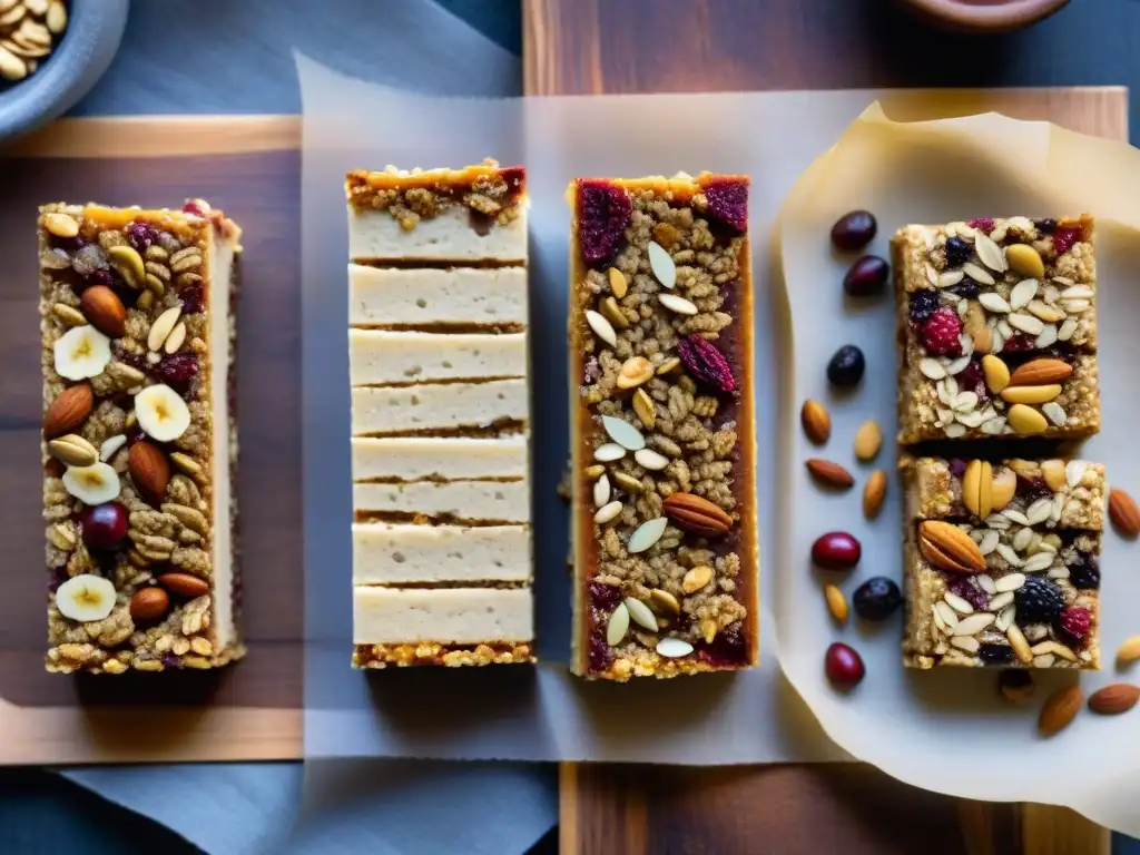 Deliciosas barras energéticas sin gluten caseras decoradas con nueces, semillas y frutas secas en una mesa de madera rústica