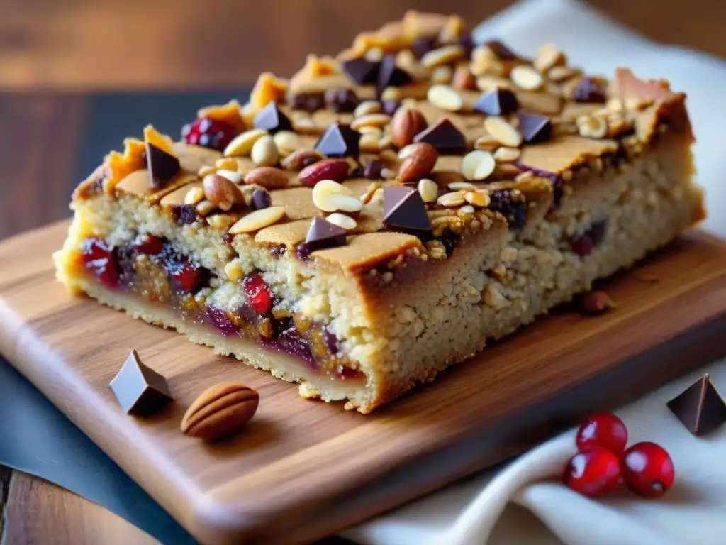 Deliciosas barritas energéticas sin gluten en tabla de madera rústica, con arándanos, chocolate y nueces