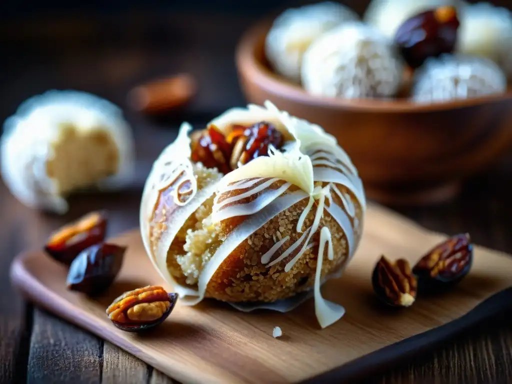 Deliciosas bolitas energéticas de dátiles sin gluten, nueces y coco rallado en una mesa rústica