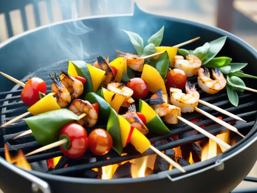 Deliciosas brochetas sin gluten gourmet con camarones, pollo, tomates, pimientos y piña en parrilla al sol