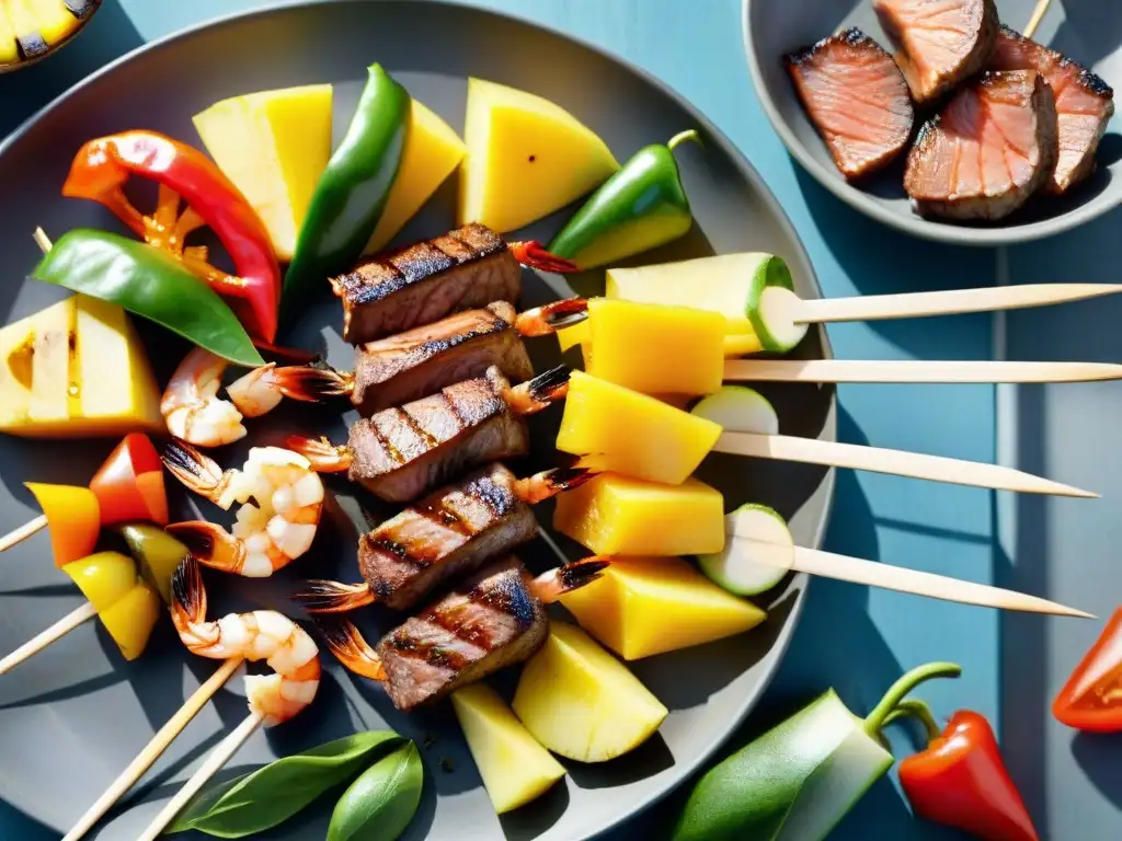 Deliciosas brochetas gourmet sin gluten listas para la parrilla, con camarones, filete, pimientos y piña fresca en un entorno rústico al aire libre