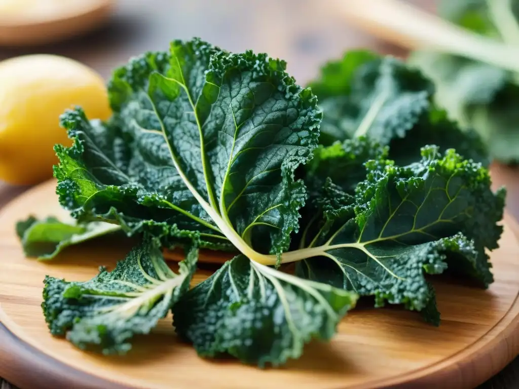 Deliciosas chips de kale sin gluten en variedad de sabores, perfectamente crujientes y sazonadas, en una presentación creativa sobre tabla de madera