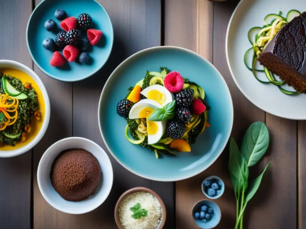 Deliciosas y creativas recetas sin gluten en una mesa rústica con quinoa, tofu y pastel de chocolate sin harina, iluminadas naturalmente