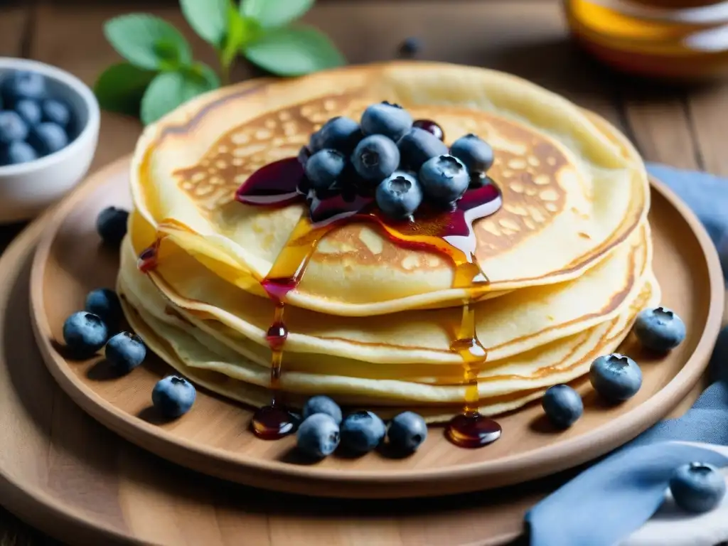 Deliciosas crepes sin gluten con sirope de arce, arándanos y menta