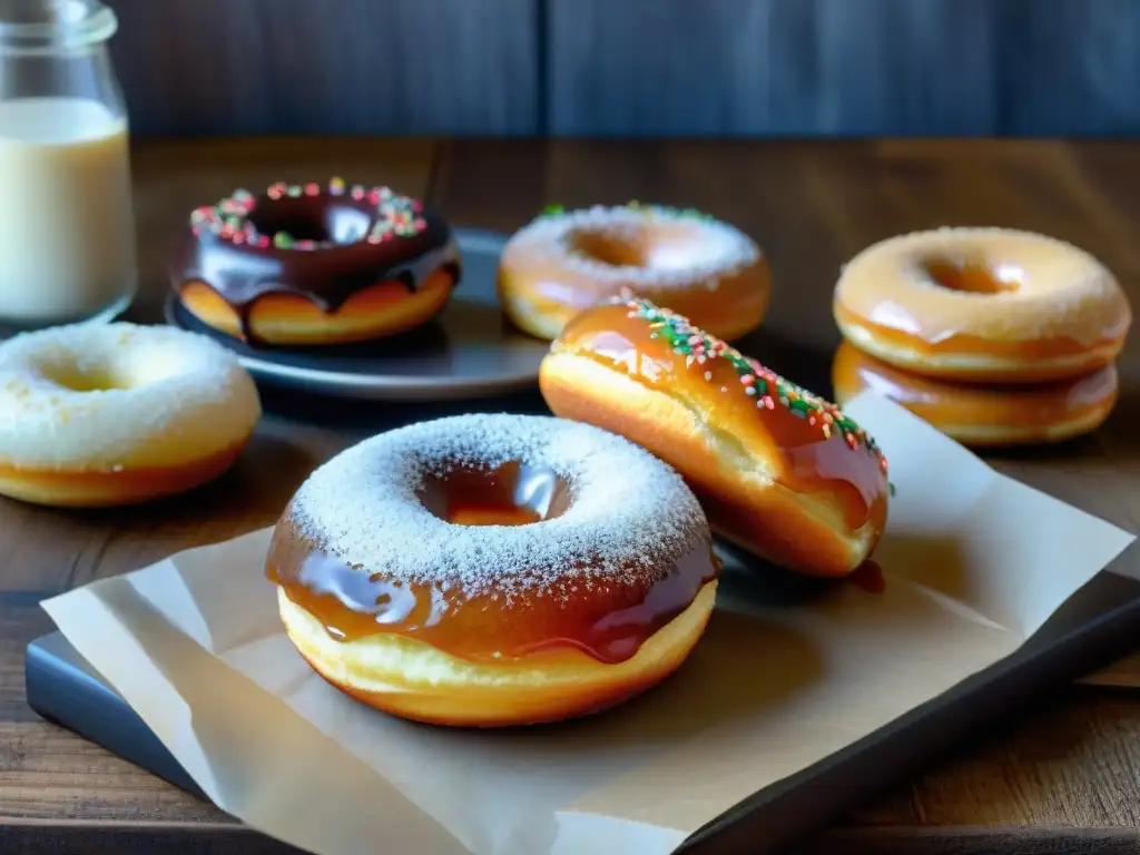 Deliciosas donas sin gluten en mesa rústica, variedad de sabores y decoraciones, ambiente acogedor de cocina