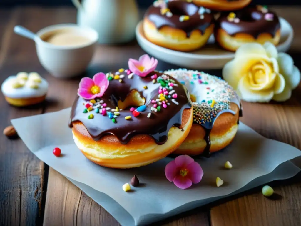 Deliciosas donas sin gluten en mesa rústica, glaseadas y decoradas con colores y toppings variados