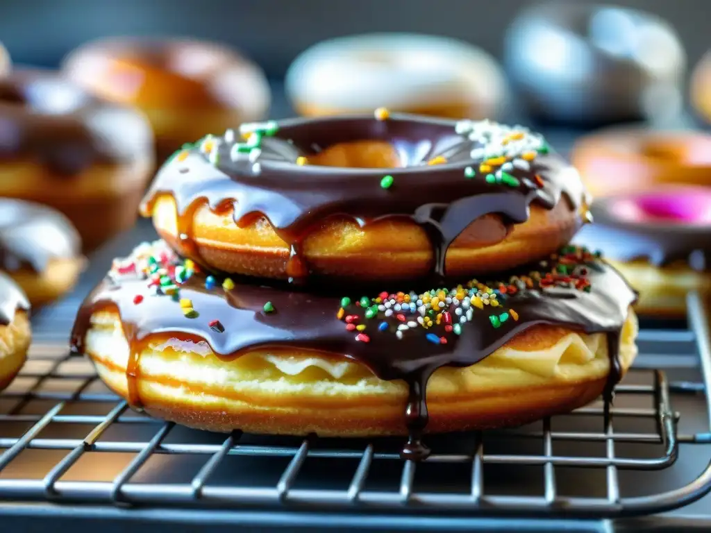 Deliciosas donas sin gluten recién horneadas en una cocina rústica con variedad de sabores y coberturas