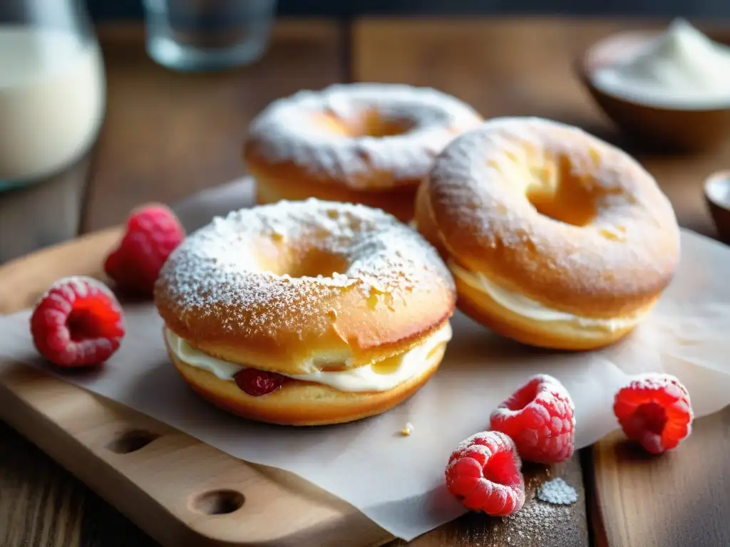 Deliciosas donas sin gluten recién horneadas, doradas y espolvoreadas con azúcar glass, sobre tabla de madera rústica